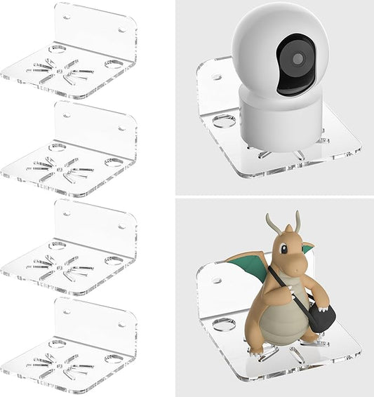 Clear Acrylic Wall Shelf 4 Pack for Surveillance Cameras, Smart Security Cameras, Small Floating Shelf for Plants, Speaker, Dog Camera, 4'', with Cable Clips