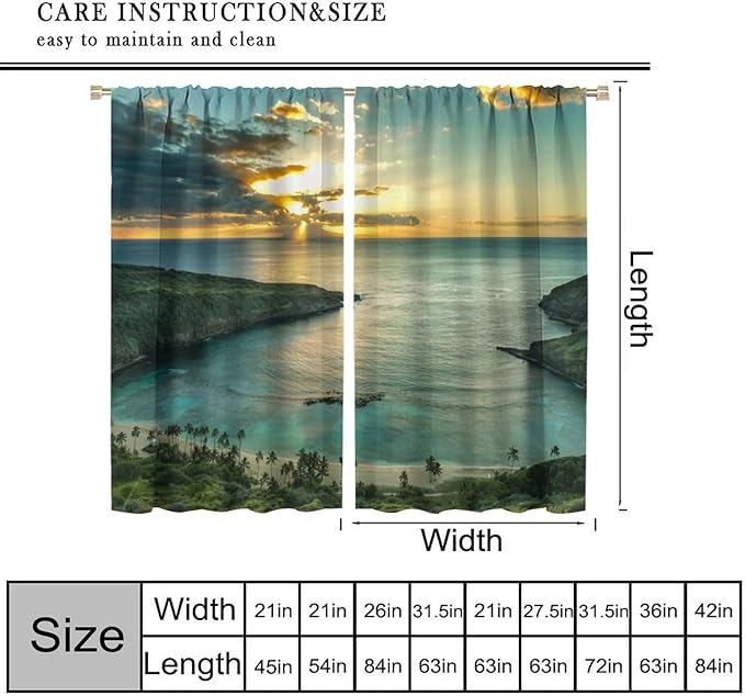 BAEKJIN Ocean Beach Curtains,OceanMorning Sunrise Hawaiian Seaside Scene Pattern Print Decor Home Bedroom Living Room Window Treatments 2 Panel Set 42x45 Inch