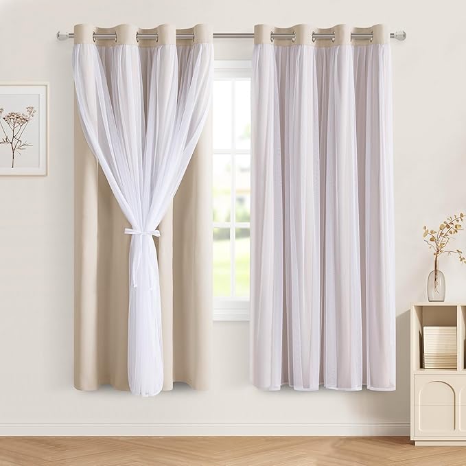 DWCN Beige Layered Curtains for Living Room Blackout and Sheer Curtains Grommet Top Window Treatment with Sheer Overlay for Bedroom, 52 W by 63 L, 2 Pieces