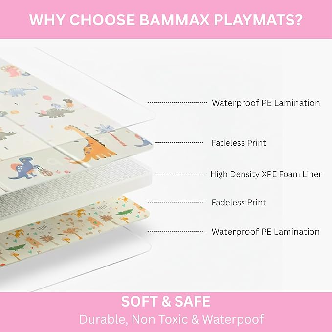 Bammax X-Large 78" x 70" x 0.4" XPE Foam Baby Play Mat + Travel Bag | Waterproof, Foldable & Reversible Floor Mat for Kids | Baby Crawling Mat & Kids Play Mat – Dinosaurs & Safari Animals