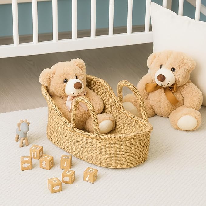 Doll Bassinet Handwoven Seagrass Moses Basket Portable Doll Carrier Natural Wicker Bassinet for Plush Bears, Shower Gift Decor, Photo Prop, Diaper Caddy
