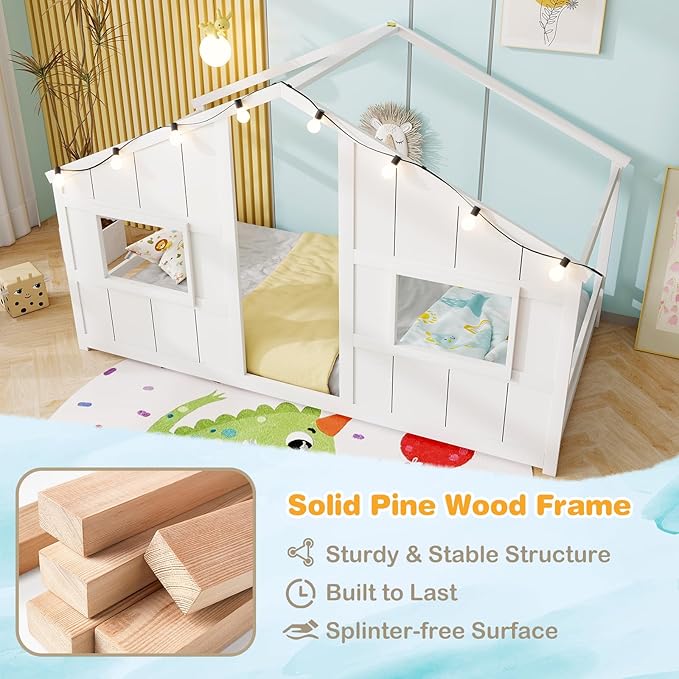 Twin Montessori Floor Bed with Roof, LED Light, Wood House Bed Frame with Headboard and 2 Windows, Low to Ground Cute Playhouse Bed for Kids, Girls, Boys, Without Slats (White)