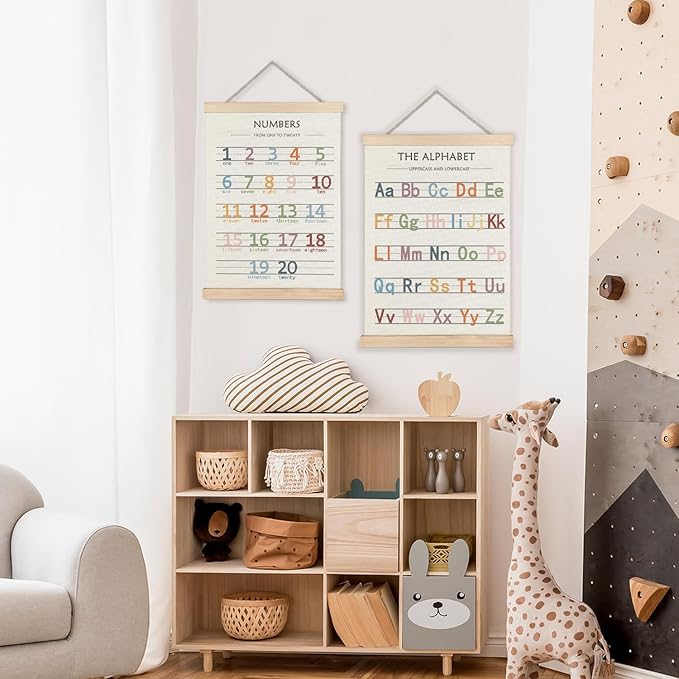 LUVADIAN Boho Classroom Decor - Alphabet Numbers Educational Poster Hanger Frame Set of 2, Nursery Wall Decor, Toddler Learning Posters for Nursery Kids Room Playroom Classroom Decor, 16x24 Inches(Large)