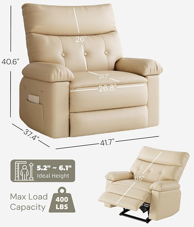 GarveeHome Oversized Leather Recliner Chair, Extra Wide Manual Recliner for Adults, Lazy Chair with 1.5X Sponge Comfort Arm and Back for Living Room, Bedroom, Nursing Room