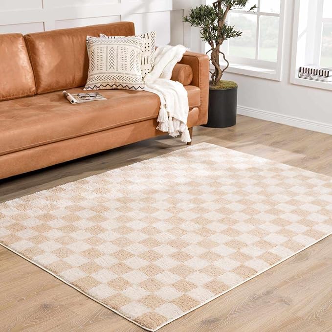 BoutiqueRugs Canika Modern Checkered Shag Rug - High Pile Fluffy Shaggy Carpet for Hallway, Nursery, Playroom, Girls Boys Room - Machine Washable - Peach, Beige - 7'10" x 10' (8x10)
