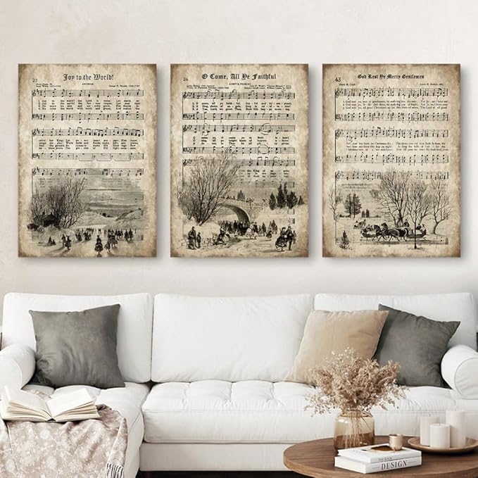 LUHDFYS Vintage Christmas Carol Sheet Music Wall Art,Aged Antique Grunge Style Canvas Print,Religious Hymn Poster,Unframed Home Decor