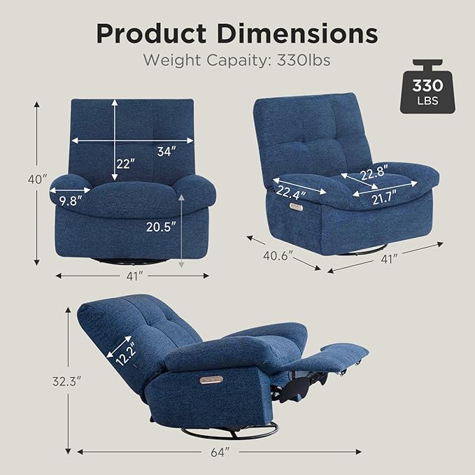 Nouhaus Swivel Rocking Chair Nursery, Oversized Glider Rocker Recliner Chairs w/Footrest, USB & Type-C Ports, Rocking Recliner Chair for Nursery, Living Room (Snooze Classic, Midnight Blue)