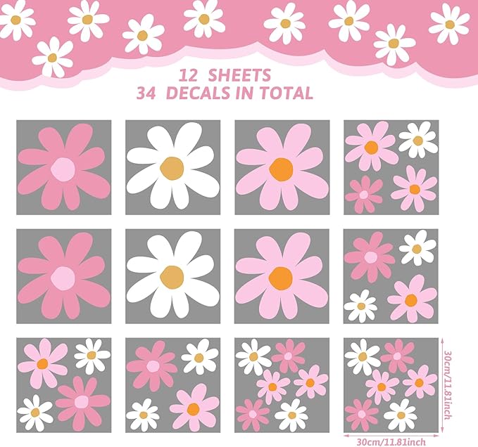 TaoBary 12 Sheets Daisy Wall Decal Flower Wall Sticker Cute Daisy Sticker Pink White Flower Decal Peel and Stick Floral Wallpaper for Nursery Bedroom Home Decor(Pink Color,Vibrant Style)