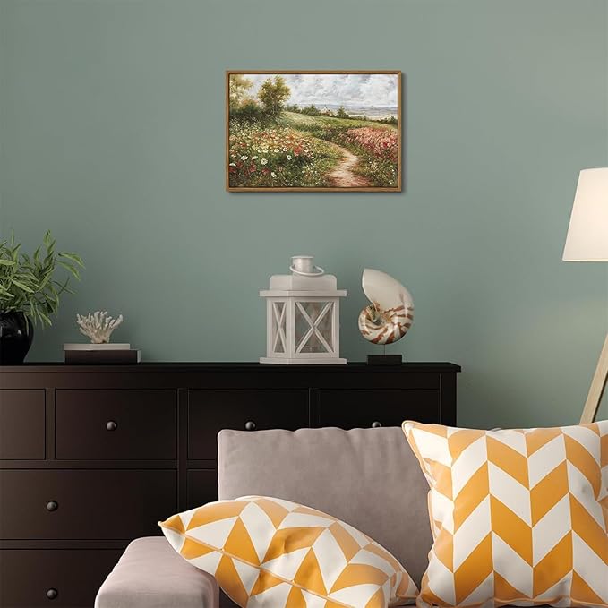 OIQArtOIQ Vintage Landscape Framed Wall Art Summer Countryside Wildflower Field Path Canvas Art Prints Farmhouse Cottagecore Pictures Wall Decor Rustic Meadow Paintings Artwork For Kitchen Bedroom