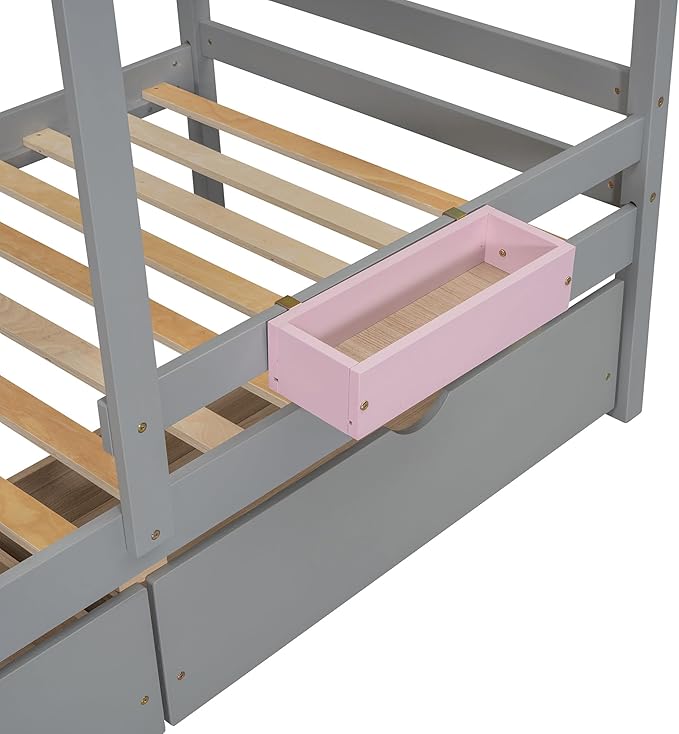 MERITLINE Twin Over Twin House Bunk Bed with Storage Drawers and Storage Box, Solid Wood Bunk Bed with Ladder,Shelf and Roof (Grey)