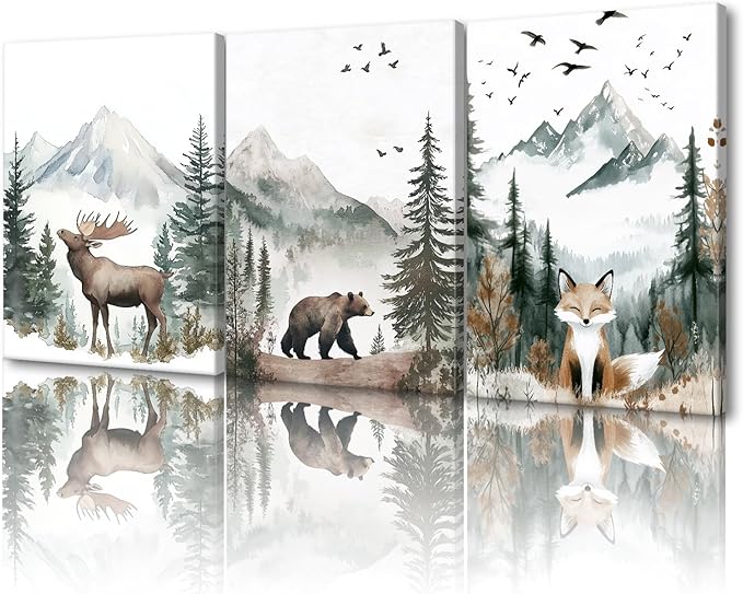 SANGGUOBIN Woodland Animal Wall Art Set of 3 Deer Bear Fox Watercolor Prints Wildlife Forest Canvas Vintage Natural Adventure Landscape Poster for Nursery Bedroom Decor(Green-1,12x16inchx3)