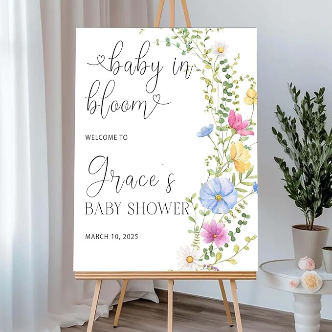 Personalized Floral Baby in Bloom Welcome Sign - Wildflower Announcement Yard Sign - Girl Baby Shower Entrance Decor