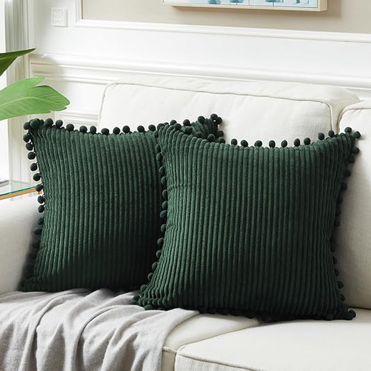 Fancy Homi Set of 2 Dark Green Boho Decorative Throw Pillow Covers 18x18 Inch with Pom-poms for Living Room Couch Bed Sofa Bedroom Indoors, Modern Farmhouse Boho Vintage Army Green Home Decor