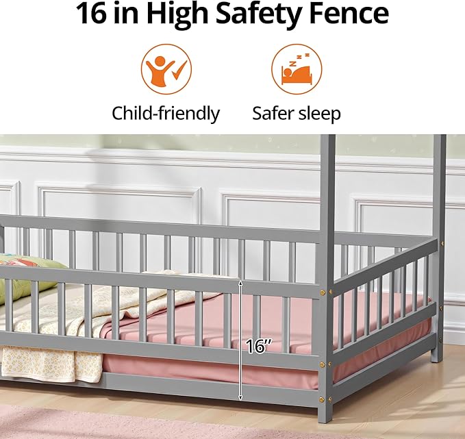 LLS Twin Floor Bed Frame with Roof, Wooden Montessori Bed with Fence, House Bed for Boys Girls Bedroom, Gray
