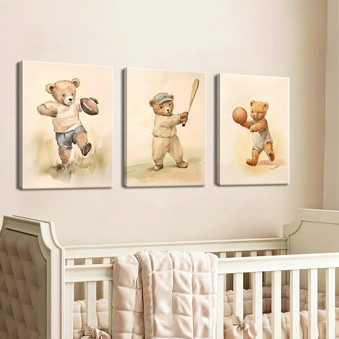 Bear Rugby Sports Nursery Canvas Wall Art Set of 3 - Cute Vintage Baby Bear Pictures Paintings Poster Prints, Nursery Animal Wall Decor for Children Bedroom Boy Room Decoration 12x16 inch Framed