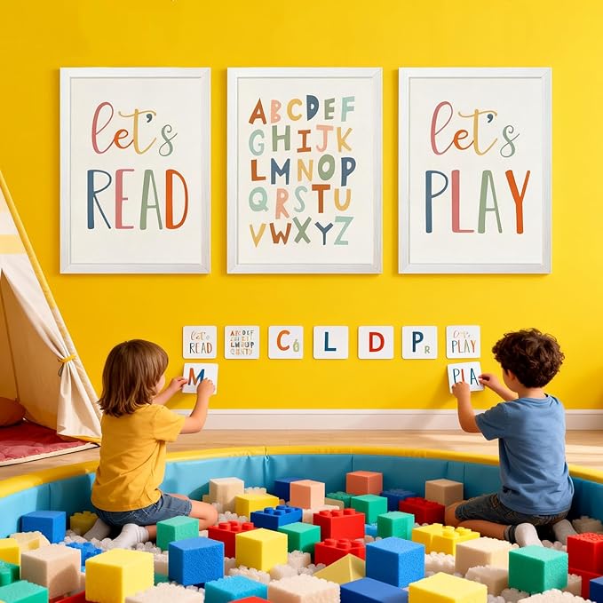 3 PCS Alphabet Framed Playroom Wall Decor,Classroom Must Haves Boho Educational ABC Poster Wooden Sign for Baby Girl Kid Boy Toddlers,Neutral Preschool English Letters Nursery Decor for Homeschool Kindergarten Kids Learning White