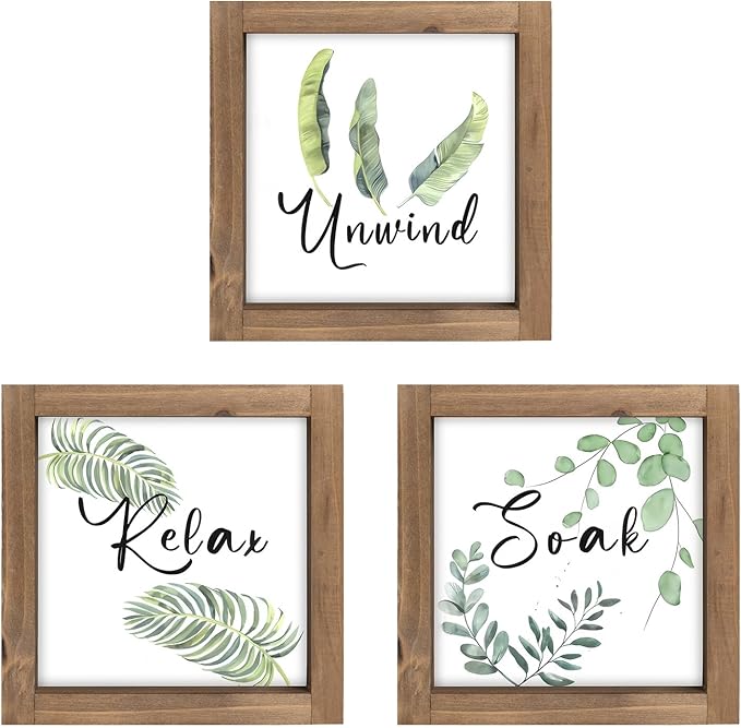 pechpell 3 Piece Relax Soak Unwind Wall Art Bathroom Signs, Wooden Sage Green Botanical Bathroom Decor, Nature Leaves Plant Pictures Table Top Shelf Desk Bedroom Rustic Farmhouse Home Decorations