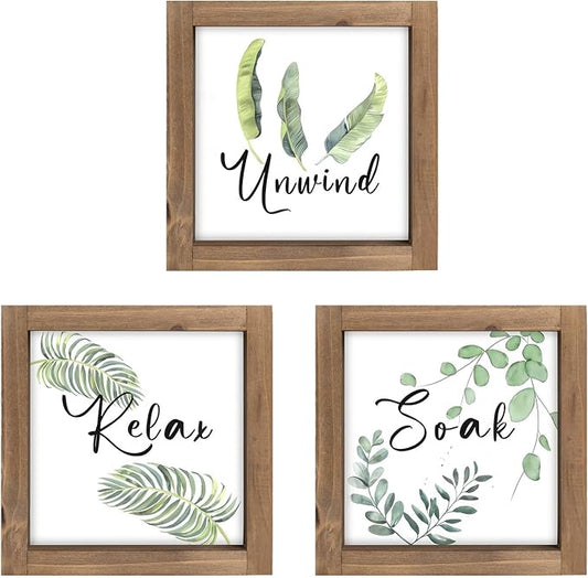 pechpell 3 Piece Relax Soak Unwind Wall Art Bathroom Signs, Wooden Sage Green Botanical Bathroom Decor, Nature Leaves Plant Pictures Table Top Shelf Desk Bedroom Rustic Farmhouse Home Decorations