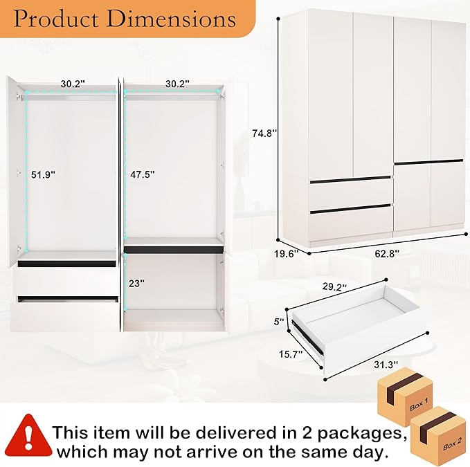 Armoire Wardrobe Closet with Drawers：75" Large White Wardrobe Closet Cabinet with 4 Doors for Hanging Clothes, Modern Wooden Bedroom Armoires with 2 Drawers and Storage (A+C, 63")