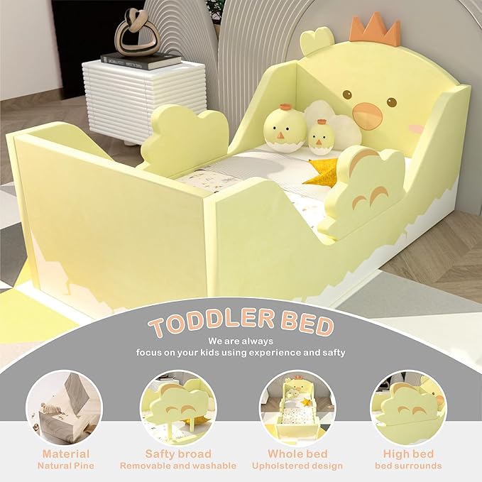 Toddler Beds, Child Bed for Kids with Extra Safty Broad, Standard Crib Size Animal Toddler Bed, Certified Fabric Toddler Beds,Toddler Floor Beds (Chick)