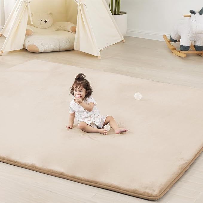 1.3" Thick Baby Floor Play Mat 79x158, Basic Padded Foam Mat for Tummy Time Crawling, Non Slip Cushioned for Babies Toddlers Infants Kids (Beige)
