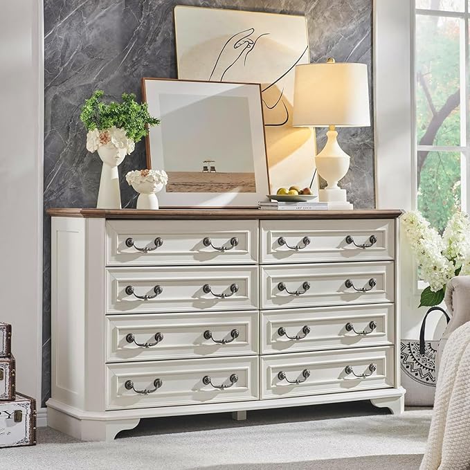 T4TREAM Farmhouse 8 Drawers Dresser for Bedroom, 54" Wide Wood Rustic Chest of Drawers with Natural Texture, Vintage Design, Storage Dressers Organizer for Bedroom, Living Room (Antique White)