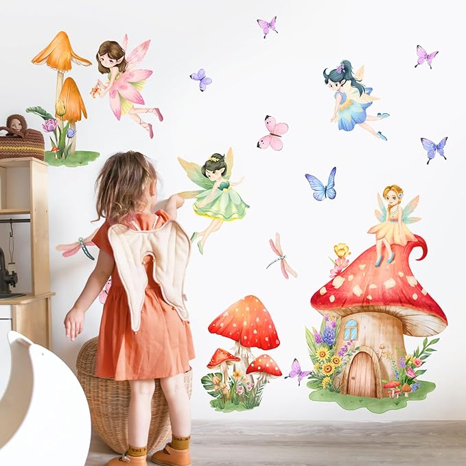 Supzone Mushroom Fairy Wall Decals for Girls Elf Flower Butterfly Dragonfly Wall Stickers Peel and Stick Vinyl Wall Art Decor for Kids Baby Nursery Bedroom Living Room