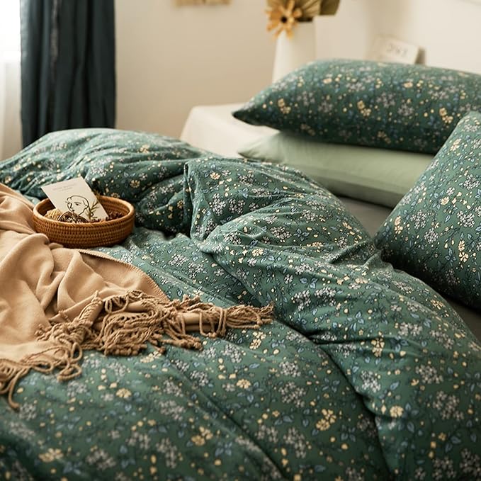 HighBuy Full Size 100% Cotton Jersey Knit Duvet Cover Set - Green Floral - 3 Piece - Duvet Cover (80"x90") & 2 Pillowcases (20"x26") - Cottagecore Style - Unisex - Breathable & Fade Resistant