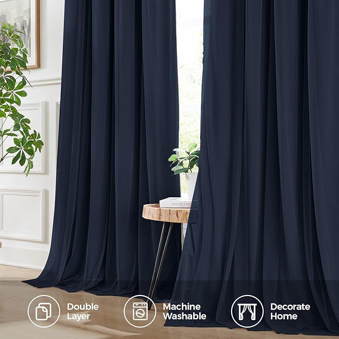 100% Blackout Curtains for Bedroom, Double Layer Navy Blue Curtains, Black Out Curtain 96 inch long With Sheer Overlay for Living Room, Room Darkening Window Drapes with Grommet, 52"W x 96"L
