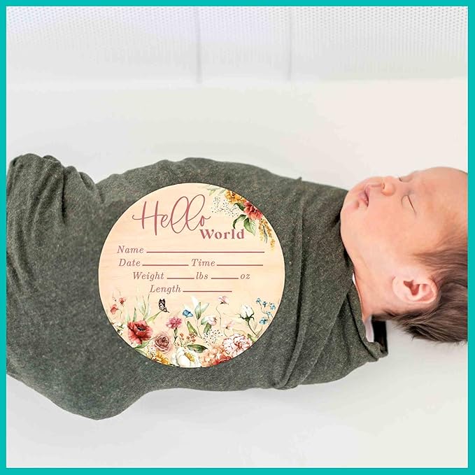 Hello World Wood Newborn Baby Birth Announcement Sign - 6 Inch Round - Butterfly Boho Floral - Shower Gift - Nursery Decor