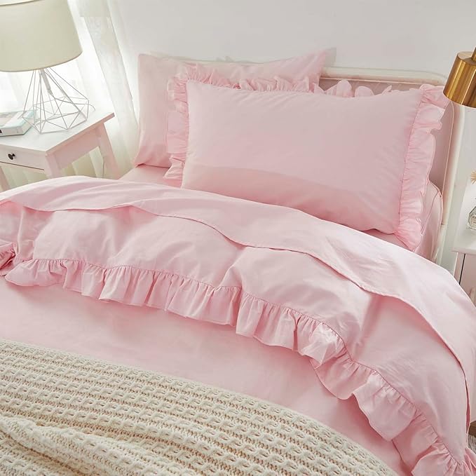 Brandream Kid's Duvet Cover Twin/Twin XL Size,100% Organic Cotton 2pcs Girl Bedding Duvet Cover Set, Ruffled Fringe Solid Color Breathable Soft with Zipper Closure & Corner Ties(Pink)