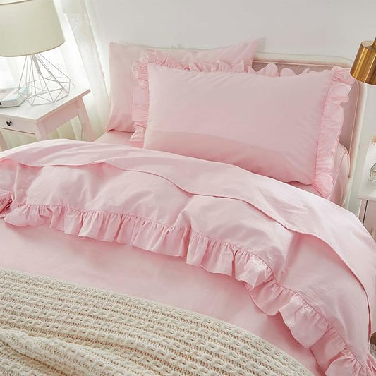 Brandream Kid's Duvet Cover Twin/Twin XL Size,100% Organic Cotton 2pcs Girl Bedding Duvet Cover Set, Ruffled Fringe Solid Color Breathable Soft with Zipper Closure & Corner Ties(Pink)