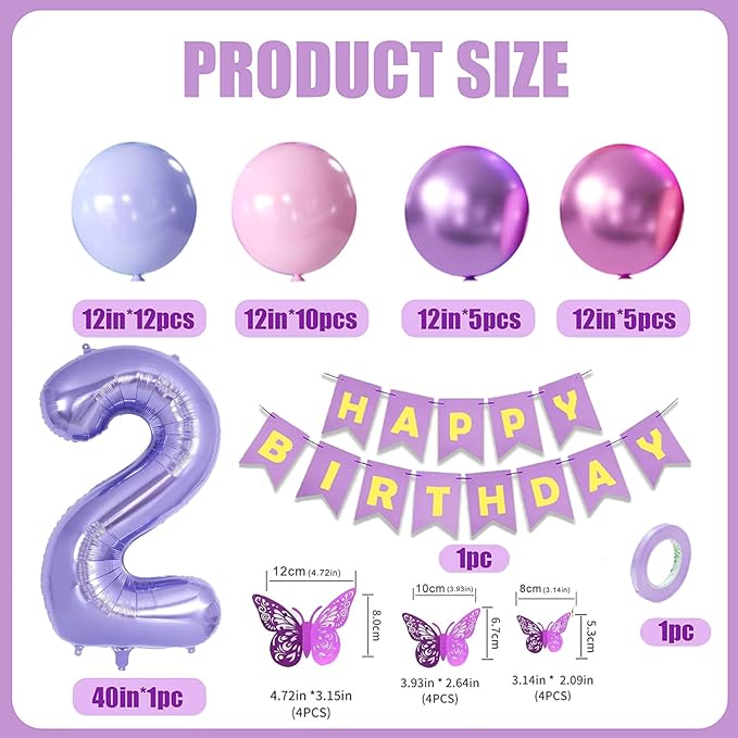 2nd Birthday Decorations for Girl -12 inch Purple Pink Balloons, 40 Inch Purple 2 Balloon,3D Butterflies Stickers, Happy Birthday Banner for Baby Girl 2 Year Old BD Party Decorations