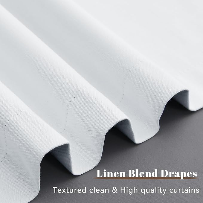 Guken White 100% Blackout Linen Hook Belt Curtains for Bedroom 108 Inches Long 2 Panel Sets Back Tab Textured Room Darkening Energy Saving Privacy Luxury Patio Curtains for Sliding Door 52x108 9Ft