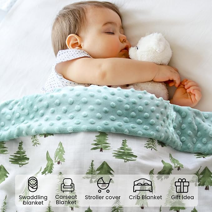 LifeTree Baby Blankets for Newborn, Soft & Lightweight Swaddle Blankets, Muslin Front and Dotted Fleece Backing Receiving Bed Throw Blanket Unisex, 31X40 Inches, Baby Girl & Boy Blanket, Pine Tree