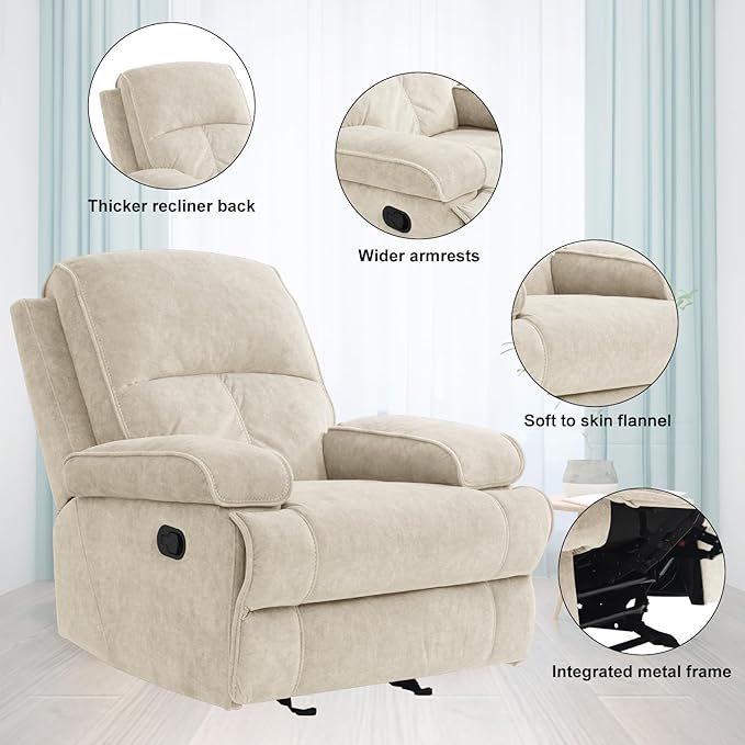Manual Rocker Recliner Chair for Adults, High Back Glider with Deep Seat, Upholstered Fabric Armchair for Living Room & Nursery, Beige