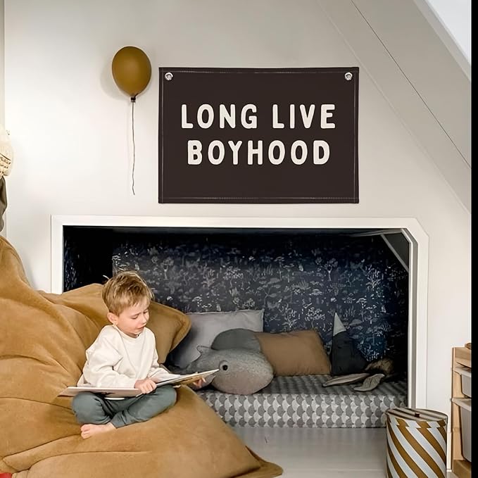Long Live Boyhood Banner, Boy Nursery Decor, Canvas Banner Wall Hanging Banner Flag Decor for Nursery Playroom Toddler Room, Boys Kids Room Decor (Black)
