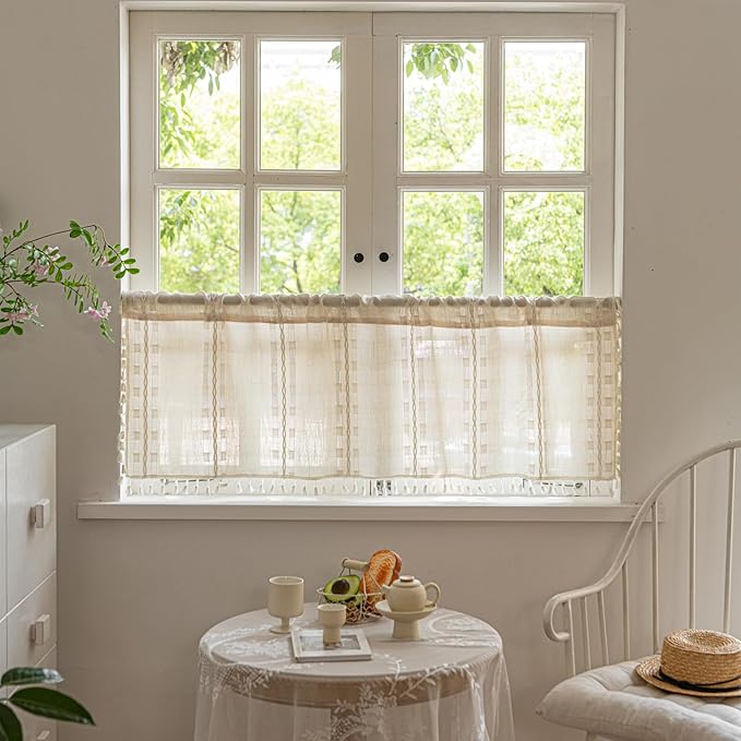 Deeprove Ivory Boho Valance Kitchen Short Curtain, Textured Striped Drape Semi Sheer Privacy Tier Embroidered Chic Window Treatment for Cafe Restaurant Closet, W52 x L18 inch Single 1 Panel