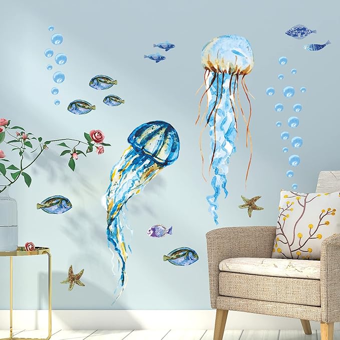 Creative Watercolor Jellyfish Wall Sticker Under The Sea Wall Decals Peel and Stick Removable Bubble Fish Starfish DIY Art Décor for Kids Girls Bedroom Living Room Bathroom Window Wall Decoration