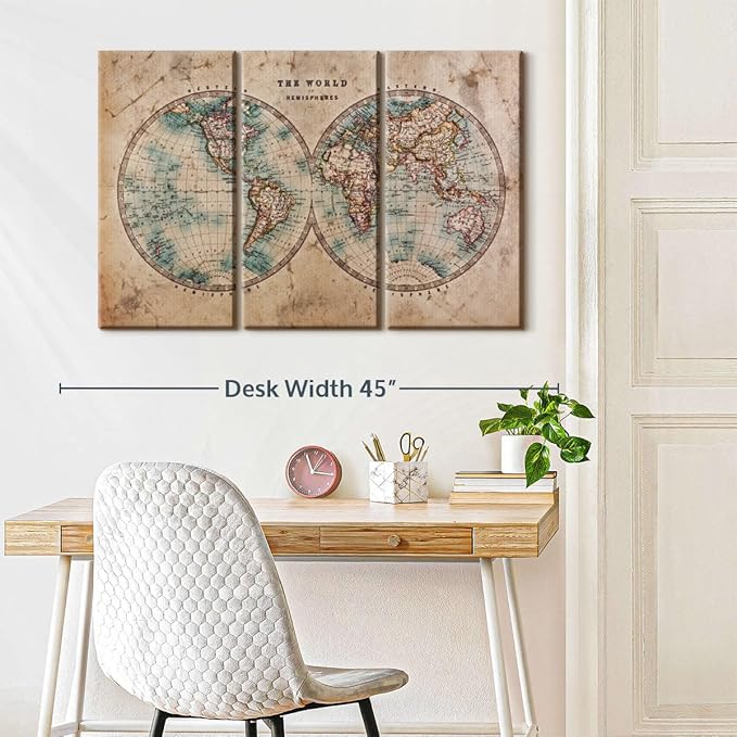 ElephantStock Hemisphere Map Wall Art Multi Piece Canvas - 3 Piece Canvas World Map Wall Decor -Wall Decor Print - Vintage Wall Art - 38" X 24"