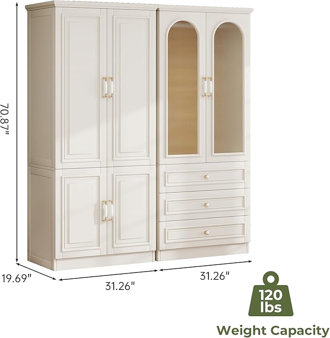 Solid Wood Wardrobe Closet:TemkTuek 70.87" Large Armoire Wardrobe Cabinet,Clothing Storage Cabinet with Doors,Shelves and Hanging Rails,Vintage Freestanding,Bedroom,White(18-19)