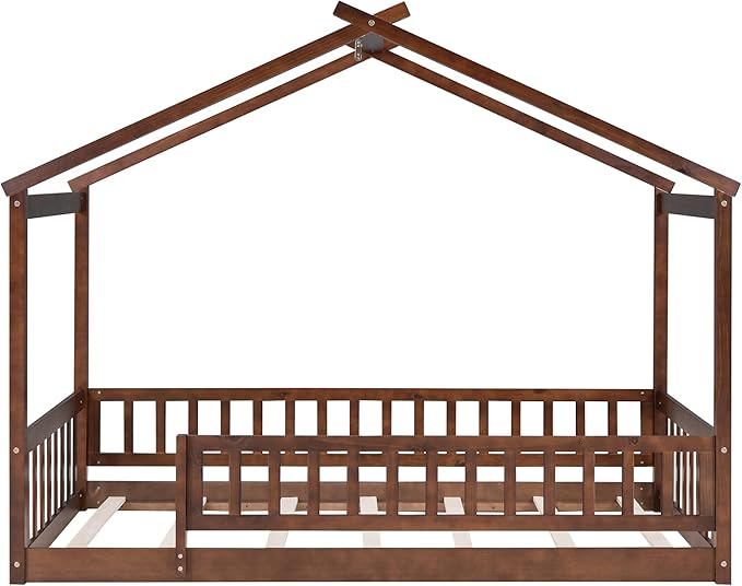 Merax Twin Size Wooden House Bed with Fence, Wood Bed Frame with Roof and Safety Guardrail for Kids, Teens, Boys or Girls, Walnut