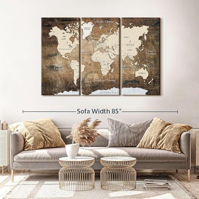 ElephantStock Aged Brown World Map I Wall Art - 3 Piece Canvas World Map Wall Decor - Ready-to-Hang Canvas Print - Vintage Wall Art - 65" X 42"