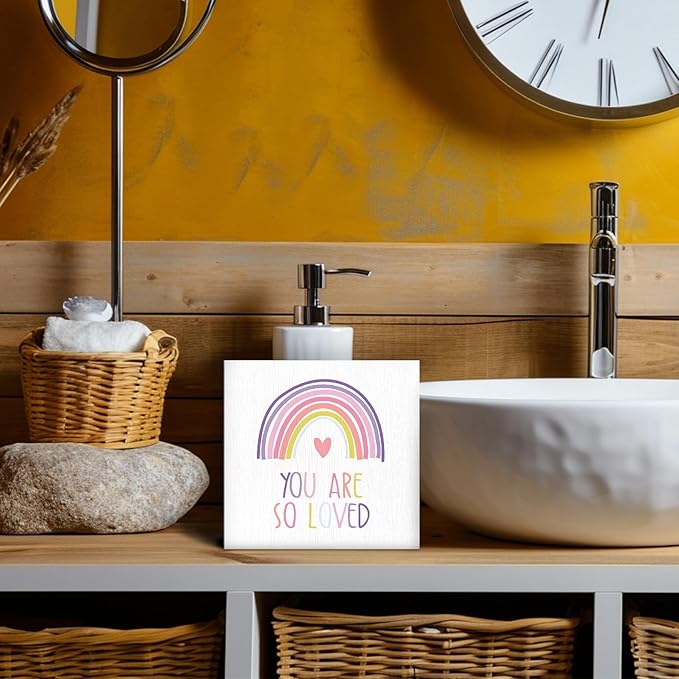Boho Rainbow Kids Nursery Wood Box Sign - Inspirational Desk Shelf Decor, You Are So Loved Colorful Rainbow Wooden Block Plaque Box Sign for Home Kids Room Nursery Playroom Decorations