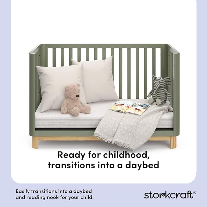 Storkcraft Santos Convertible Crib (Olive & Natural) – GREENGUARD Gold Certified, Fits Standard Crib Mattress, Converts to Toddler Bed and Daybed, 4 Adjustable Mattress Heights, Rounded Edges