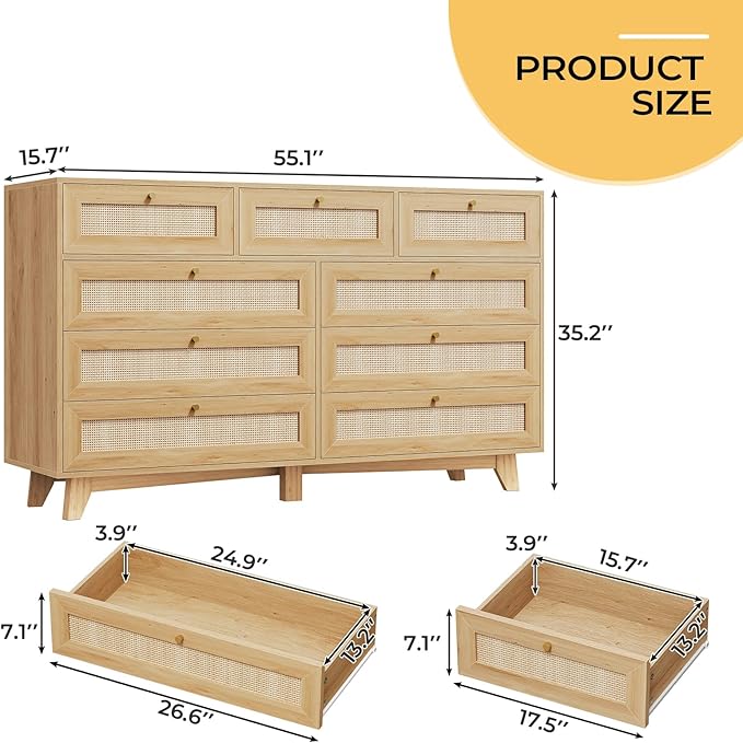AOGLLATI Rattan Dresser for Bedroom with 9 Drawer, Modern Wooden Long Bedroom Dresser, Chest of Drawers with Metal Handle & Solid Wood Legs for Bedroom/Living Room, Wood