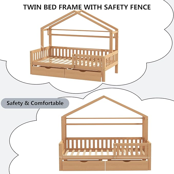 Aoowow Twin Size House Bed with Storage Drawers and Shelf,Kids Wooden Bed Frame Twin Platform Bed with Slats and Fence for Boys Girls Teens for Bedroom(Natural)