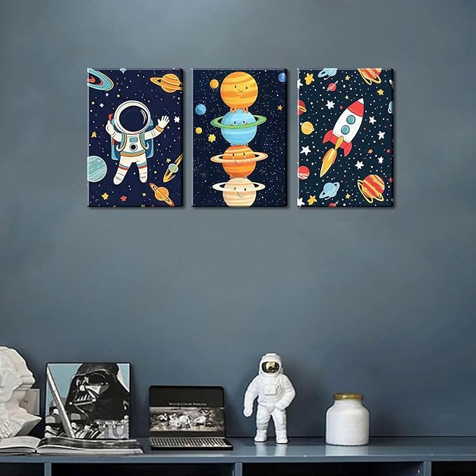 3Pcs Space Nursery Canvas Wall Art Whimsical Outer Space Astronauts Kid Decor Pictures Rocket Planet Posters Prints for Boys Room Girls Room Kids Room Decoration