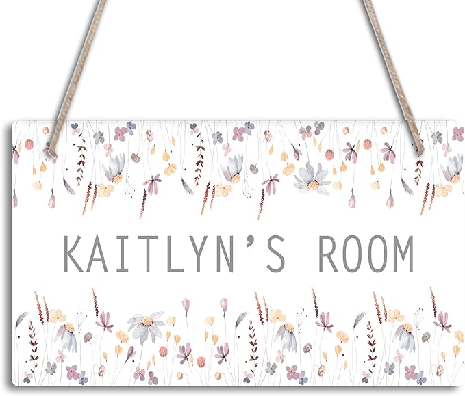 Pastel Flower Design Personalized Room Door Sign Custom Name Signs Kids Girls Bedroom Decor Nursery Dorm Farmhouse Baby Room Wood Hanger Toddler Art Wall Plaque 12x6 Inches