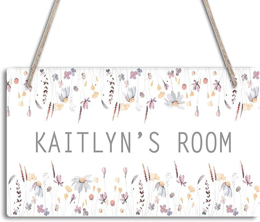 Pastel Flower Design Personalized Room Door Sign Custom Name Signs Kids Girls Bedroom Decor Nursery Dorm Farmhouse Baby Room Wood Hanger Toddler Art Wall Plaque 12x6 Inches